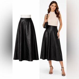 Black Faux Leather A Line Midi Skirt High Waist Minimalist Chic Large long